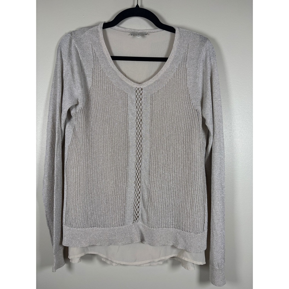 Lucky Brand Women Metallic Linen Blend Layered Sweater Gold Crochet Scoop Neck M